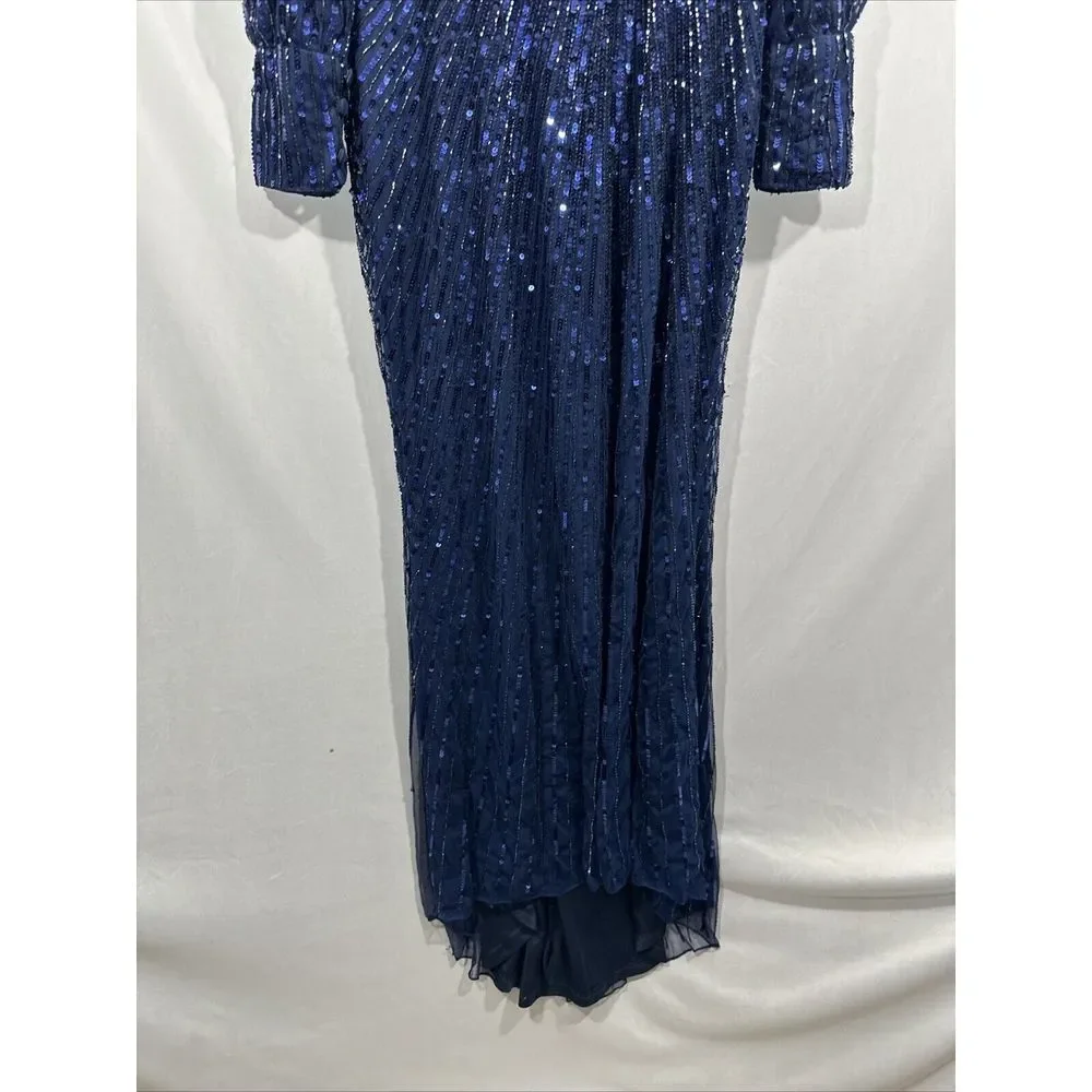 NWT $598 Mac Duggal [ 12 ]‎ 5501 Sequined Wrap Over Bishop Sleeve Gown Blue - Picture 13 of 16